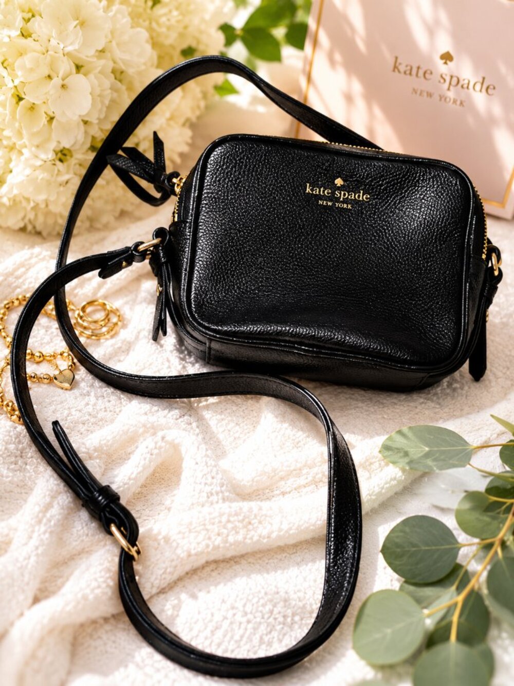 Kate Spade New York Black Pebbled Leather Double Zip Camera Crossbody Bag